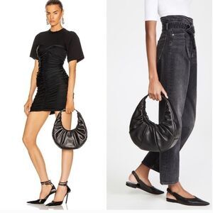 Badgley Mischka Black Faux Leather Pleated Crescent Moon Shoulder Bag Purse